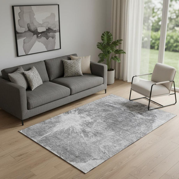 HomeRoots 5' X 8' Gray & Silver Abstract Washable Area Rug - Stylish, Durable, Stain-Resistant with UV Protection 657547