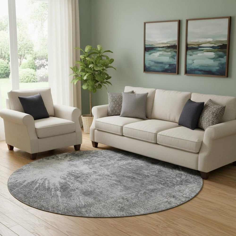 HomeRoots 8' Gray and Silver Abstract Washable Round Rug – Modern, UV-Protected, Family-Friendly Decor Piece 657548