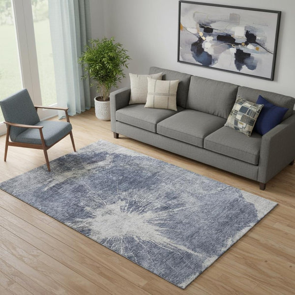 HomeRoots 5' X 8' Navy Blue & Ivory Abstract Area Rug - Washable, UV-Protected, Stain-Resistant for Modern Homes 657553