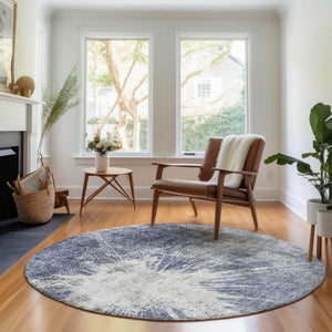 HomeRoots 8' Navy Blue And Ivory Abstract Round Rug – Durable, Washable, UV-Resistant for Stylish Living Spaces 657554