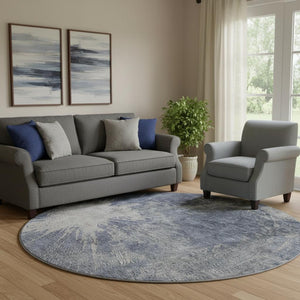 HomeRoots 8' Navy Blue And Ivory Abstract Round Rug – Durable, Washable, UV-Resistant for Stylish Living Spaces 657554