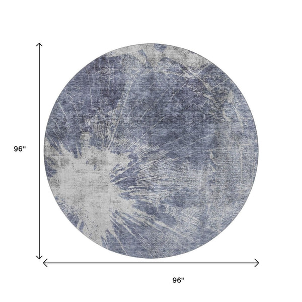 HomeRoots 8' Navy Blue And Ivory Abstract Round Rug – Durable, Washable, UV-Resistant for Stylish Living Spaces 657554