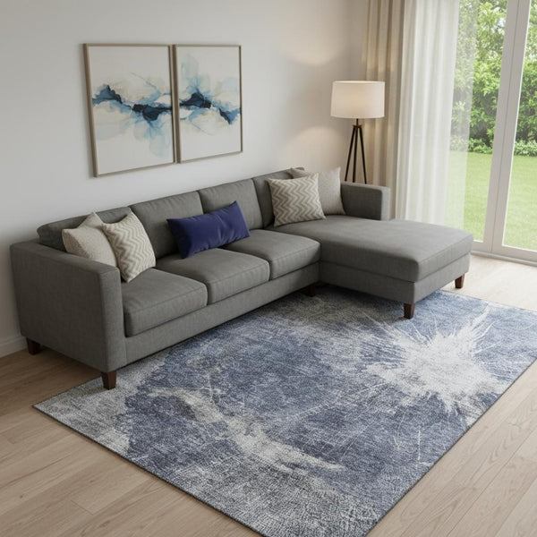 HomeRoots 9' X 12' Navy Blue & Ivory Abstract Area Rug - Washable, UV Protected, Durable for Modern Homes 657556