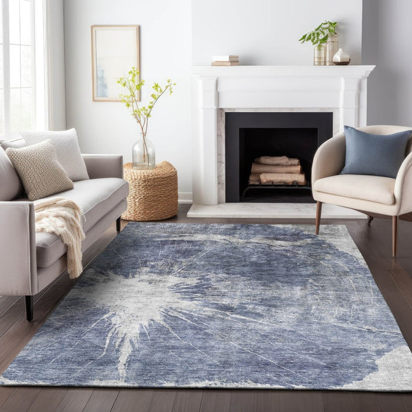 HomeRoots 9' X 12' Navy Blue & Ivory Abstract Area Rug - Washable, UV Protected, Durable for Modern Homes 657556