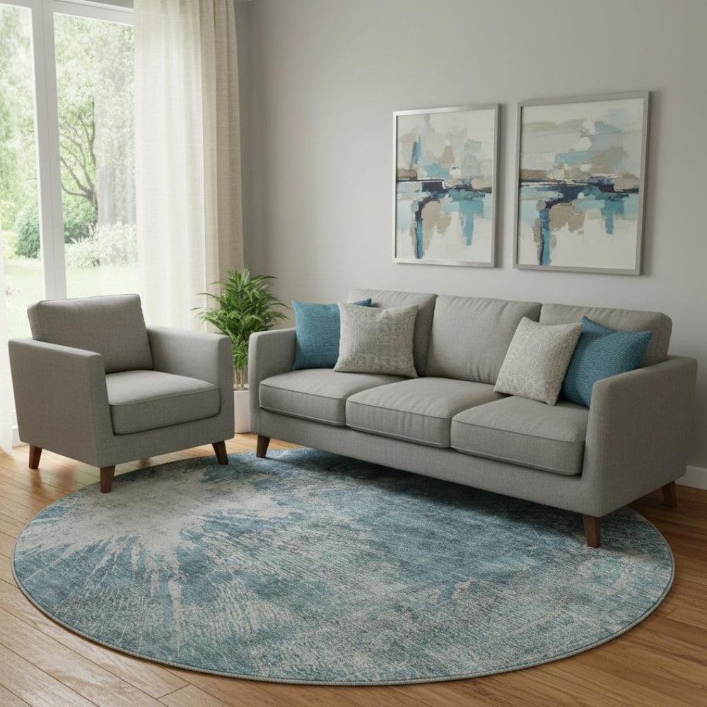 HomeRoots 8' Teal and Ivory Abstract Round Rug - Durable, Washable Design with UV Protection for High-Traffic Areas 657560
