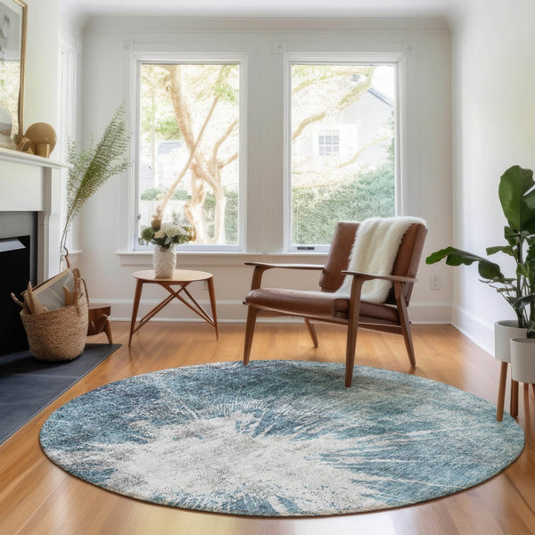 HomeRoots 8' Teal and Ivory Abstract Round Rug - Durable, Washable Design with UV Protection for High-Traffic Areas 657560