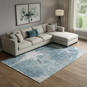 HomeRoots 8' X 10' Teal and Ivory Abstract Area Rug - Washable, UV-Protected, Perfect for High Traffic Spaces 657561