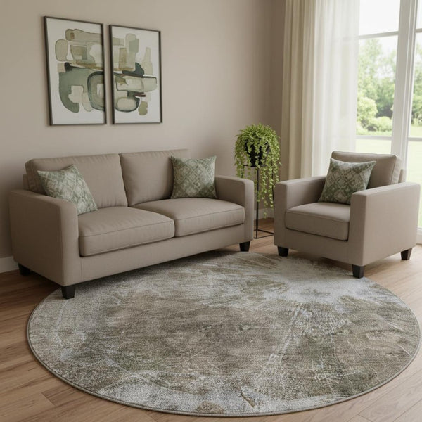 HomeRoots 8' Taupe and Ivory Abstract Round Rug – Washable, Durable, Stylish, UV-Protected for Busy Homes! 657566