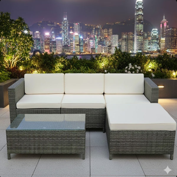 English Elm 5-piece Outdoor Modular Pe Rattan Wicker Patio Set with Tempered Glass Coffee Table Beige B082P455126