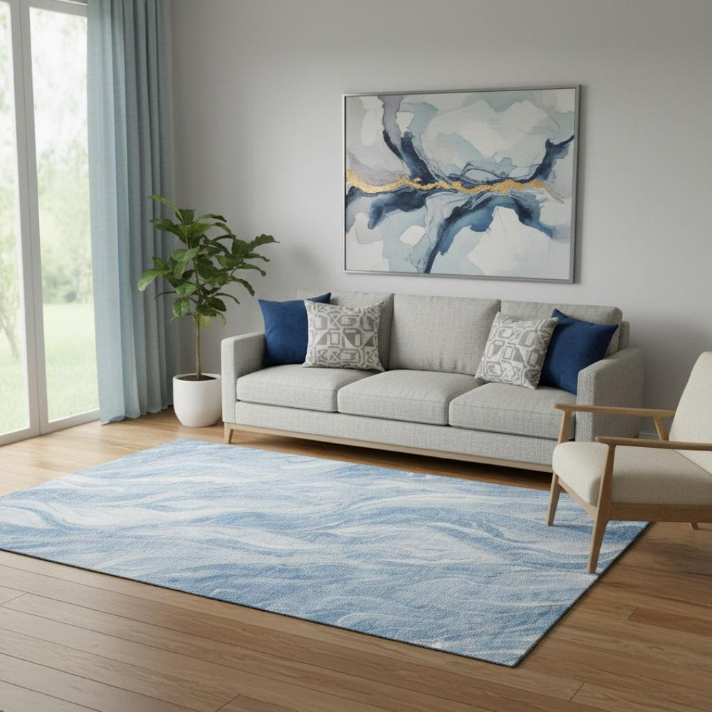 HomeRoots 5' X 8' Blue And Ivory Abstract Washable Area Rug – Stylish, Durable, UV-Protected for Modern Homes 657577