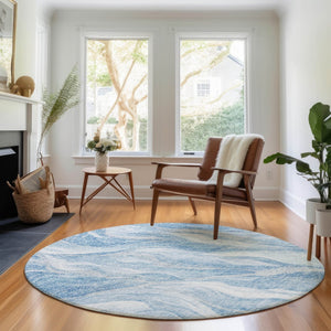 HomeRoots 8' Washable Blue and Ivory Abstract Round Rug with UV Protection for Stylish, Low-Maintenance Spaces 657578