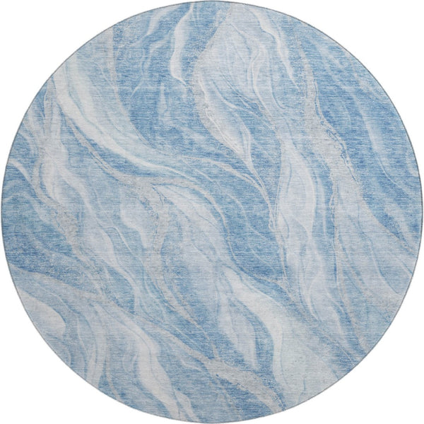 HomeRoots 8' Washable Blue and Ivory Abstract Round Rug with UV Protection for Stylish, Low-Maintenance Spaces 657578