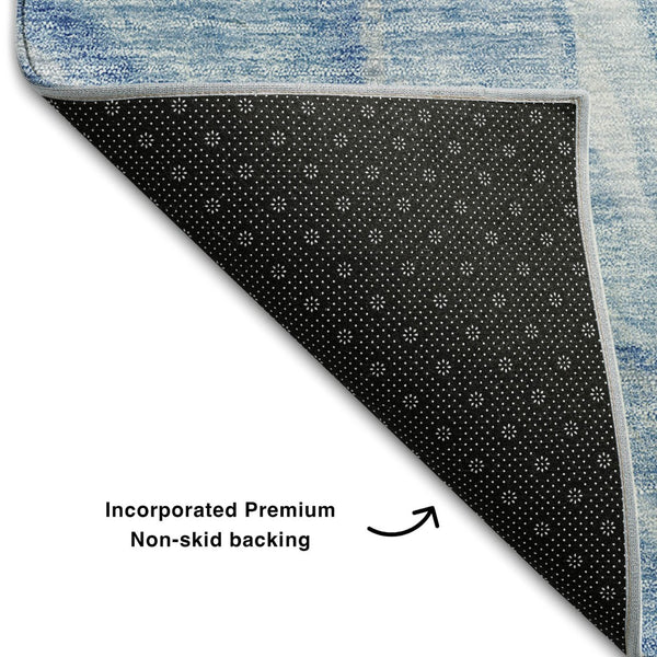 HomeRoots 8' Washable Blue and Ivory Abstract Round Rug with UV Protection for Stylish, Low-Maintenance Spaces 657578