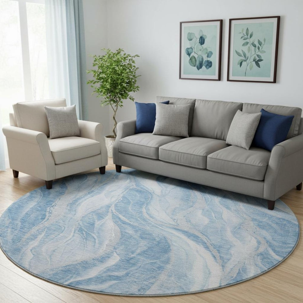 HomeRoots 8' Washable Blue and Ivory Abstract Round Rug with UV Protection for Stylish, Low-Maintenance Spaces 657578