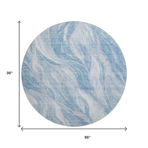 HomeRoots 8' Washable Blue and Ivory Abstract Round Rug with UV Protection for Stylish, Low-Maintenance Spaces 657578