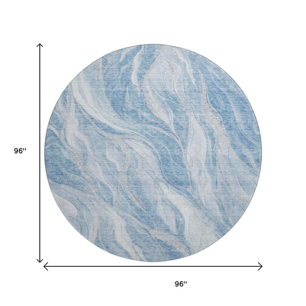 HomeRoots 8' Washable Blue and Ivory Abstract Round Rug with UV Protection for Stylish, Low-Maintenance Spaces 657578