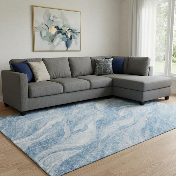 HomeRoots 8' X 10' Abstract Washable Area Rug in Blue & Ivory – Durable, UV-Protected, Easy-Clean Design! 657579