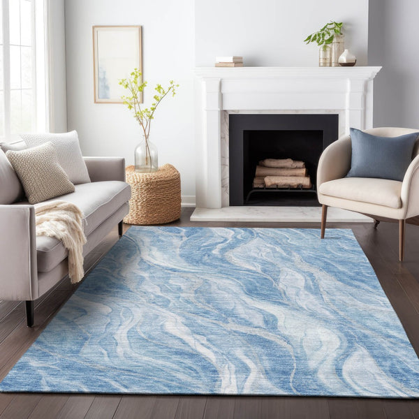 HomeRoots 8' X 10' Abstract Washable Area Rug in Blue & Ivory – Durable, UV-Protected, Easy-Clean Design! 657579