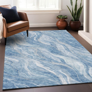 HomeRoots 8' X 10' Abstract Washable Area Rug in Blue & Ivory – Durable, UV-Protected, Easy-Clean Design! 657579