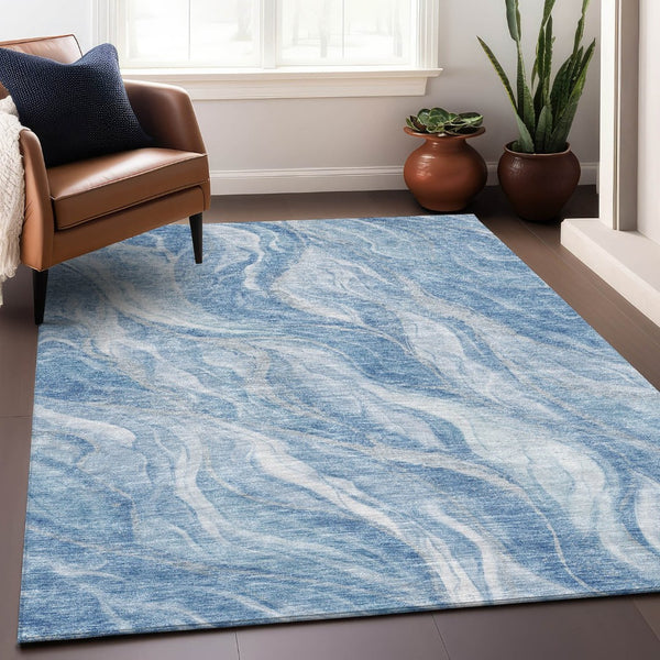 HomeRoots 8' X 10' Abstract Washable Area Rug in Blue & Ivory – Durable, UV-Protected, Easy-Clean Design! 657579
