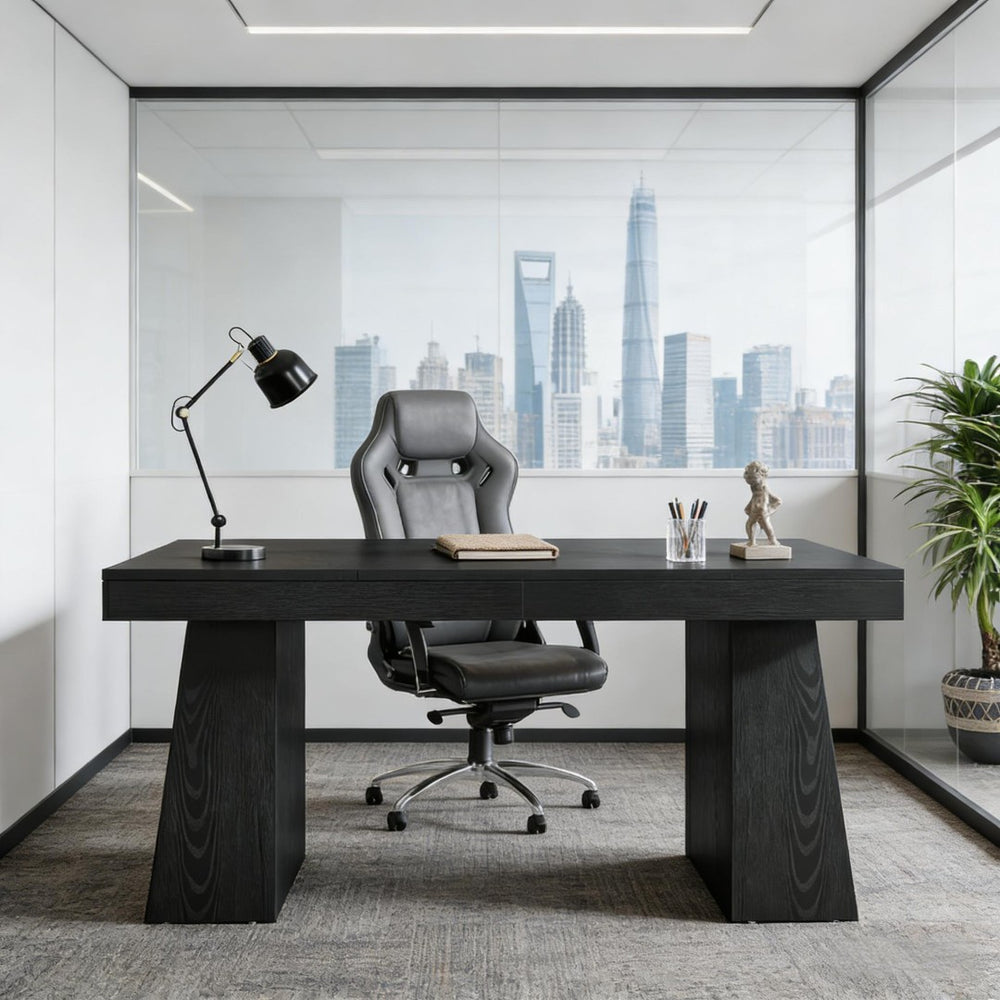 English Elm Writing Desk with Five Drawers Reversible Cabinet Home Office Vanity Workstation Black T3971P452733