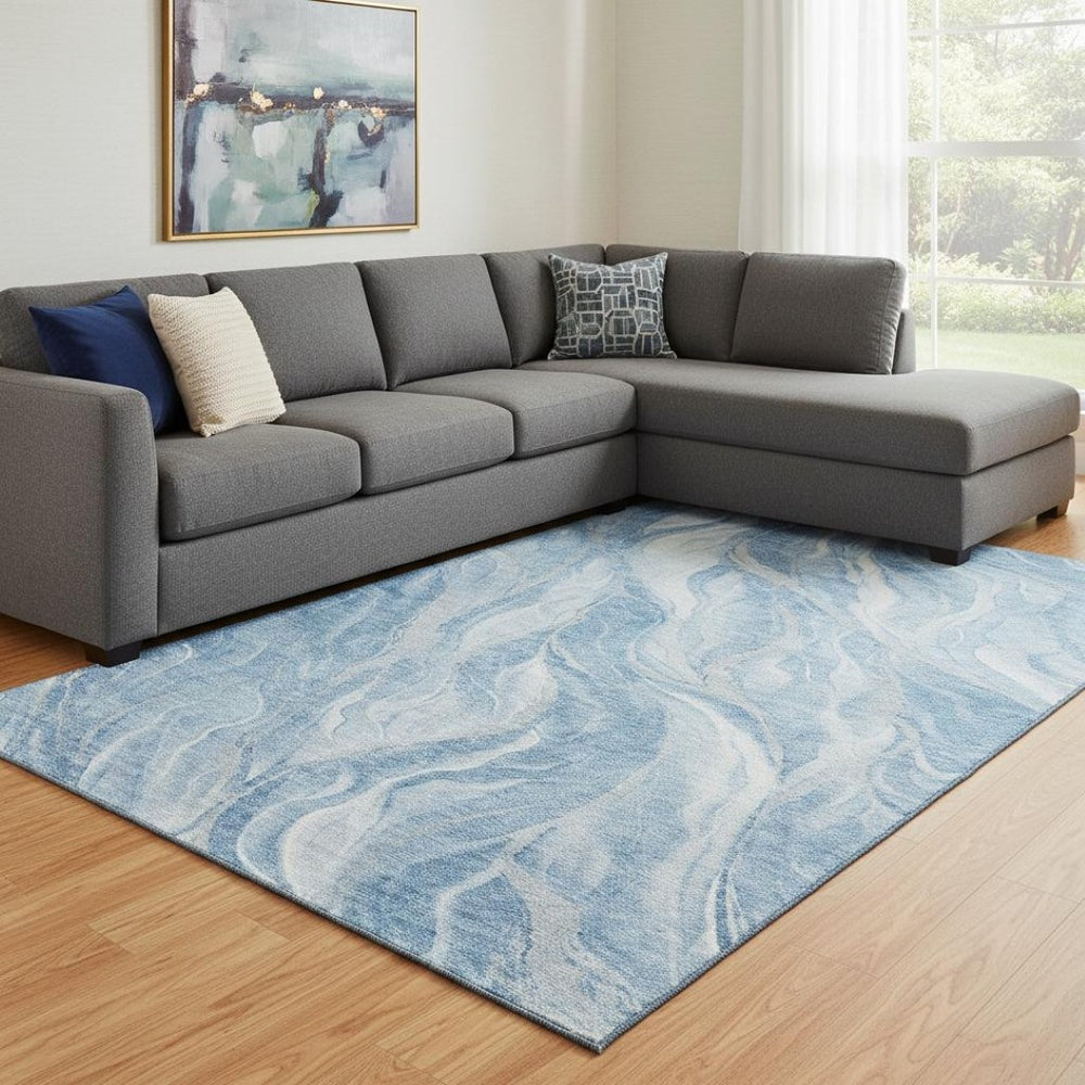 HomeRoots 10' X 14' Blue & Ivory Abstract Area Rug – Stylish, Washable, UV-Protected, Perfect for Family Homes! 657581