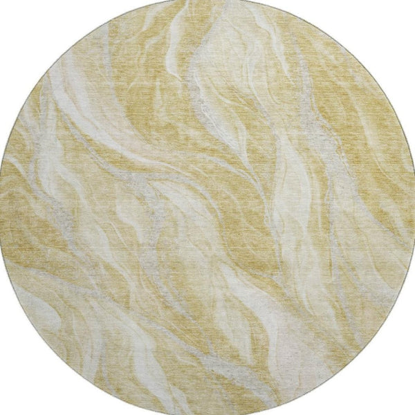 HomeRoots 8' Gold and Ivory Abstract Round Rug - Washable, UV-Protected, Stylish for Modern Homes & Families 657584