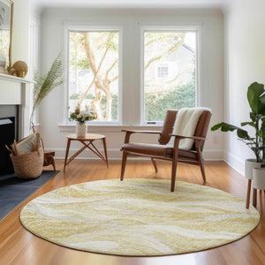HomeRoots 8' Gold and Ivory Abstract Round Rug - Washable, UV-Protected, Stylish for Modern Homes & Families 657584