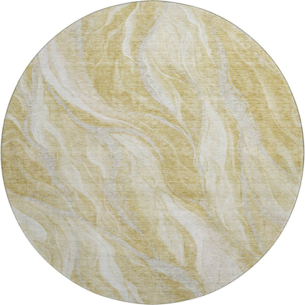 HomeRoots 8' Gold and Ivory Abstract Round Rug - Washable, UV-Protected, Stylish for Modern Homes & Families 657584