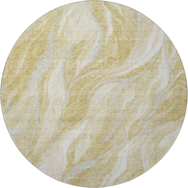 HomeRoots 8' Gold and Ivory Abstract Round Rug - Washable, UV-Protected, Stylish for Modern Homes & Families 657584