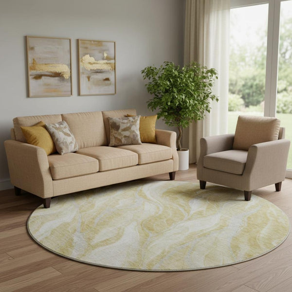HomeRoots 8' Gold and Ivory Abstract Round Rug - Washable, UV-Protected, Stylish for Modern Homes & Families 657584