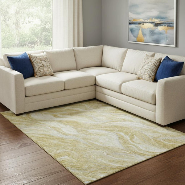 HomeRoots 8' X 10' Stylish Gold & Ivory Abstract Washable Area Rug with UV Protection for Modern Living Spaces 657585