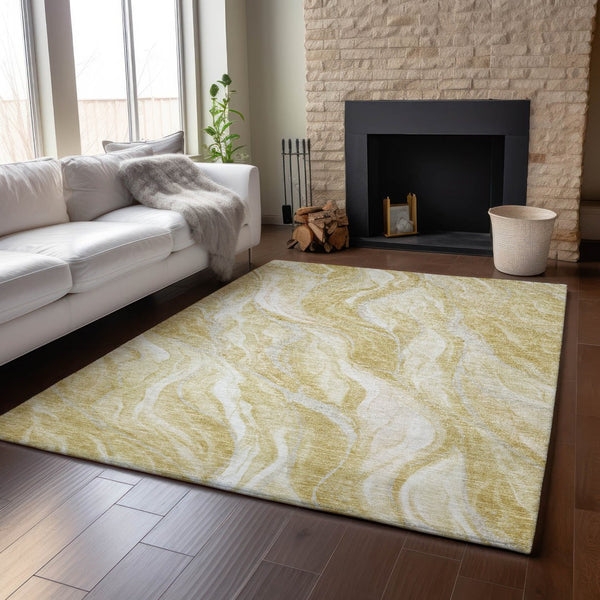 HomeRoots 8' X 10' Stylish Gold & Ivory Abstract Washable Area Rug with UV Protection for Modern Living Spaces 657585
