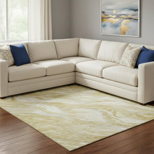 HomeRoots 9' X 12' Gold And Ivory Abstract Washable Area Rug - Stylish, Durable & UV-Protected for Homes 657586