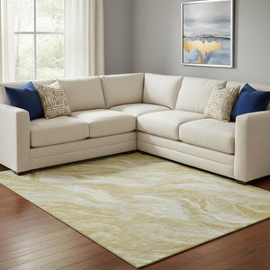 HomeRoots 10' Gold and Ivory Abstract Area Rug - Washable, UV Protected, Stain-Resistant, Perfect for Homes 657587