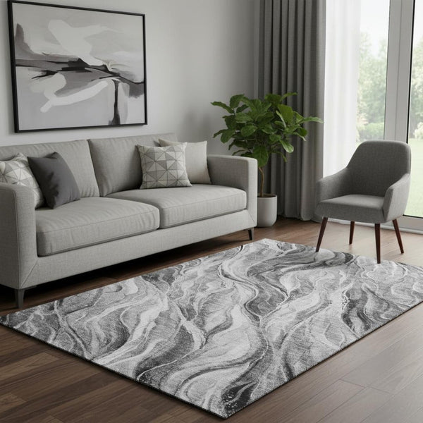 HomeRoots 5' X 8' Modern Gray and Ivory Abstract Area Rug - Washable, UV Protected, Stain Resistant, Durable Design 657589