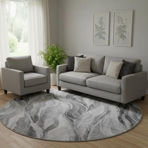 HomeRoots 8' Gray and Ivory Abstract Round Rug - Washable, UV Protected, Durable, and Stylish for Any Space 657590