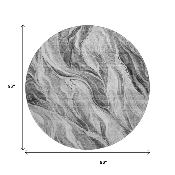 HomeRoots 8' Gray and Ivory Abstract Round Rug - Washable, UV Protected, Durable, and Stylish for Any Space 657590