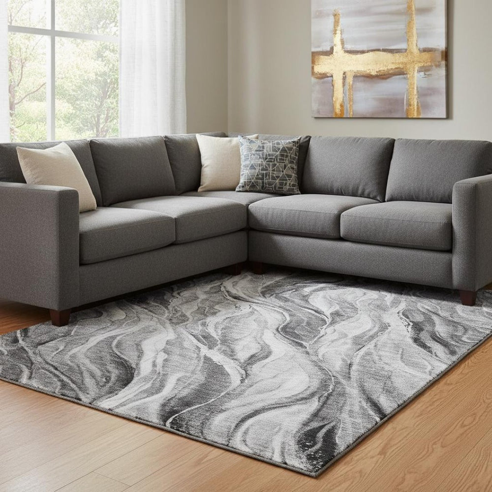 HomeRoots 8' X 10' Gray And Ivory Abstract Washable Area Rug - UV Protected, Stain-Resistant, Stylish Design 657591