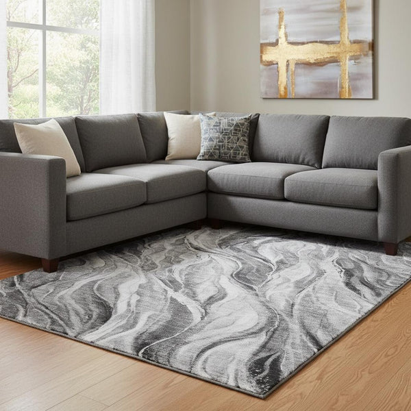 HomeRoots 8' X 10' Gray And Ivory Abstract Washable Area Rug - UV Protected, Stain-Resistant, Stylish Design 657591