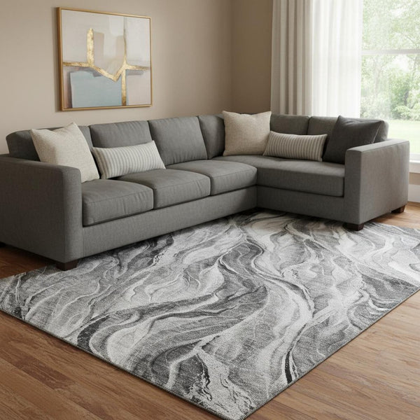 HomeRoots 9' X 12' Gray and Ivory Abstract Area Rug - Washable, Stain-Resistant, UV Protected for Modern Spaces 657592