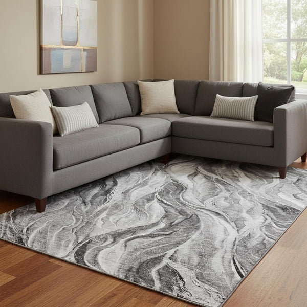 HomeRoots 10' Gray and Ivory Abstract Washable Area Rug - Durable, UV-Protected, Pet-Friendly Design for Homes 657593