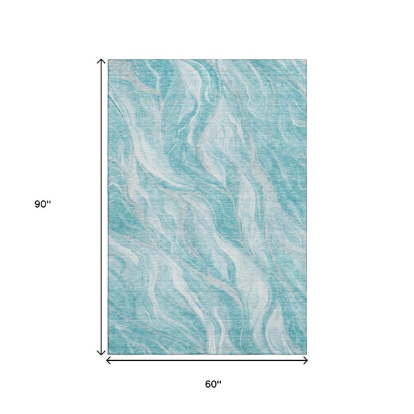 HomeRoots 5' X 8' Teal and Ivory Abstract Area Rug - Washable, UV-Protected, Durable Design for Modern Homes 657595