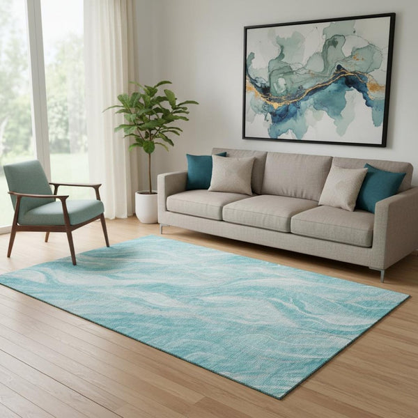 HomeRoots 5' X 8' Teal and Ivory Abstract Area Rug - Washable, UV-Protected, Durable Design for Modern Homes 657595