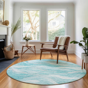 HomeRoots 8' Teal and Ivory Abstract Round Rug – Durable, Stain-Resistant, UV Protected for Stylish Living Spaces 657596