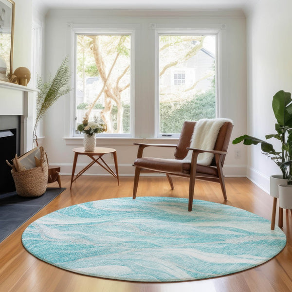 HomeRoots 8' Teal and Ivory Abstract Round Rug – Durable, Stain-Resistant, UV Protected for Stylish Living Spaces 657596
