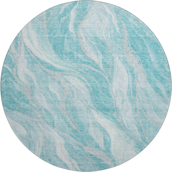 HomeRoots 8' Teal and Ivory Abstract Round Rug – Durable, Stain-Resistant, UV Protected for Stylish Living Spaces 657596