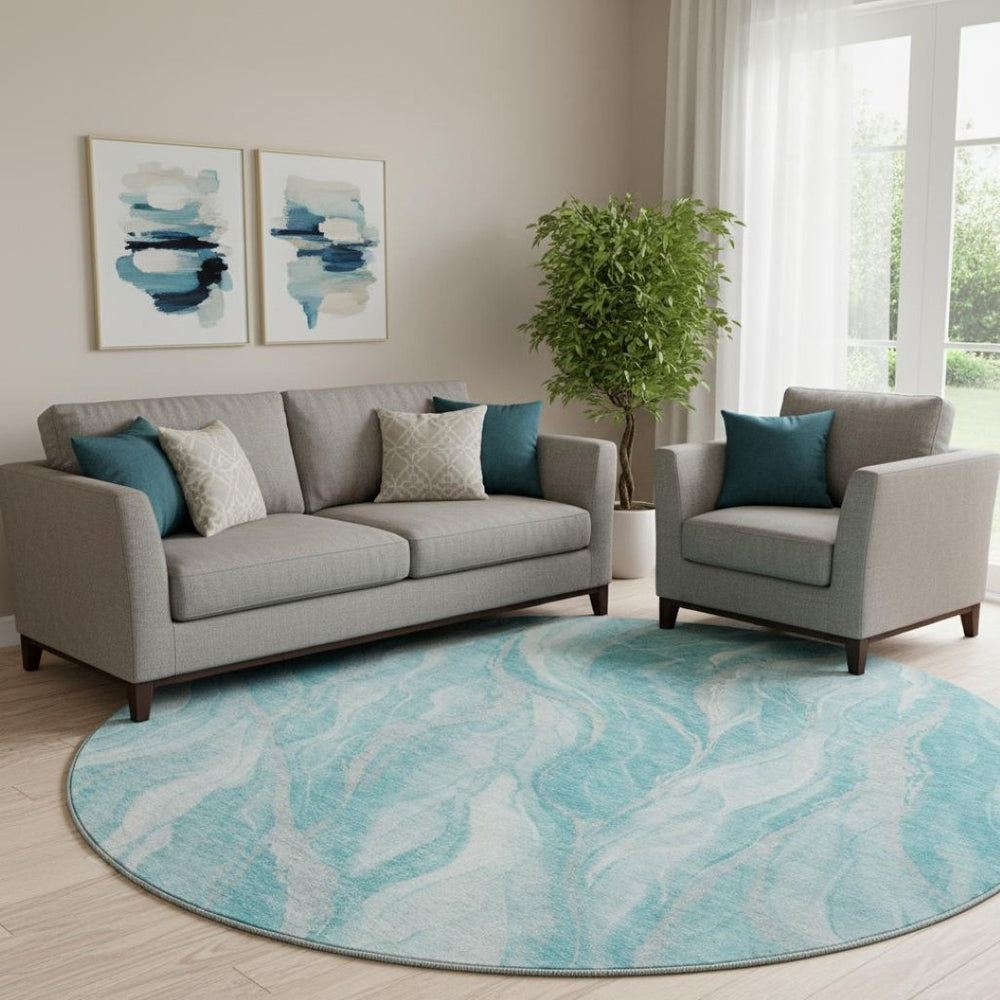 HomeRoots 8' Teal and Ivory Abstract Round Rug – Durable, Stain-Resistant, UV Protected for Stylish Living Spaces 657596