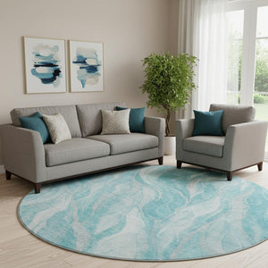 HomeRoots 8' Teal and Ivory Abstract Round Rug – Durable, Stain-Resistant, UV Protected for Stylish Living Spaces 657596