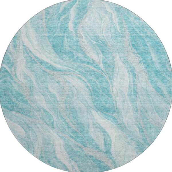 HomeRoots 8' Teal and Ivory Abstract Round Rug – Durable, Stain-Resistant, UV Protected for Stylish Living Spaces 657596